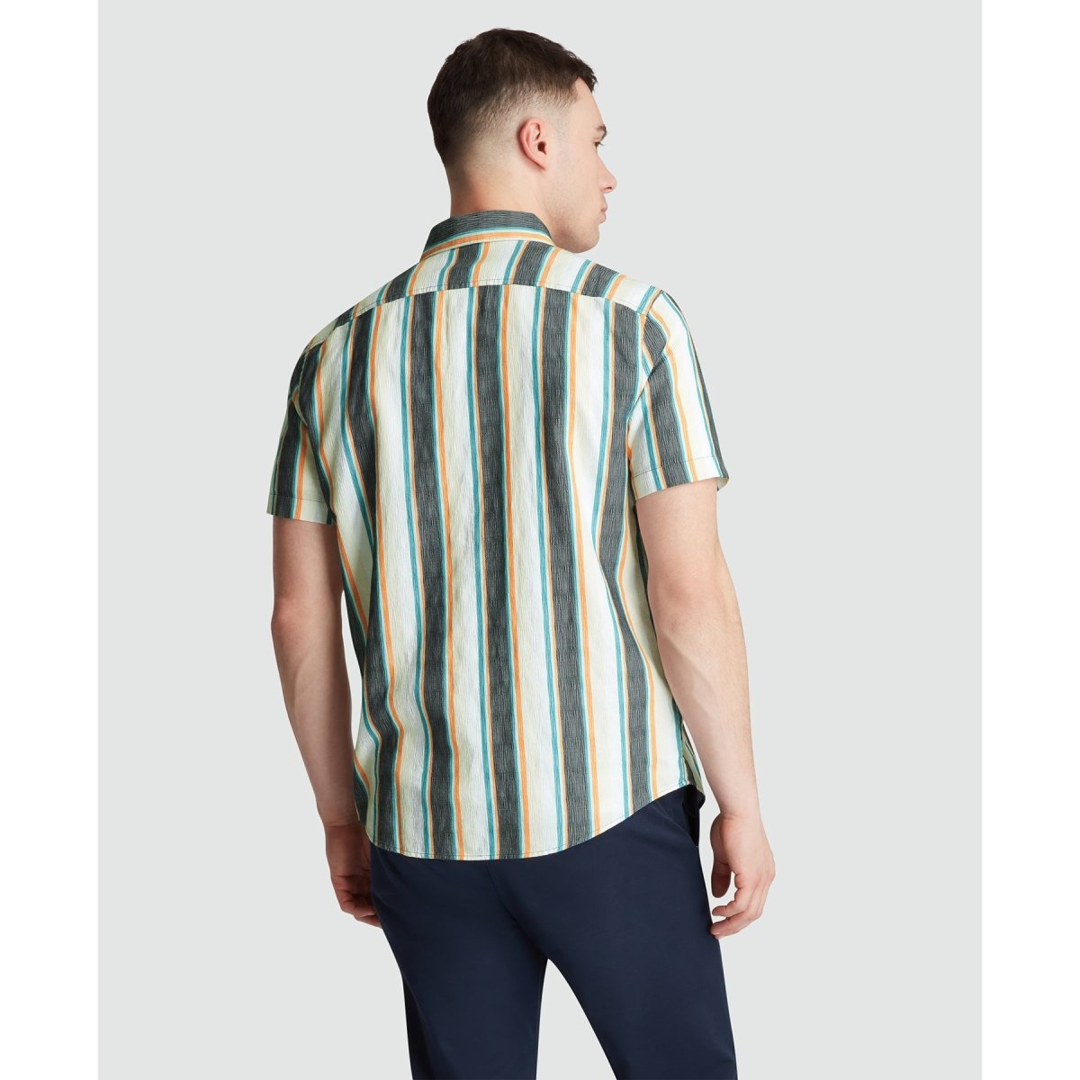 Short Sleeve Crinkle Vertical Stripe Shirt In Blue Wing Teal - RUTHERFORD & Co