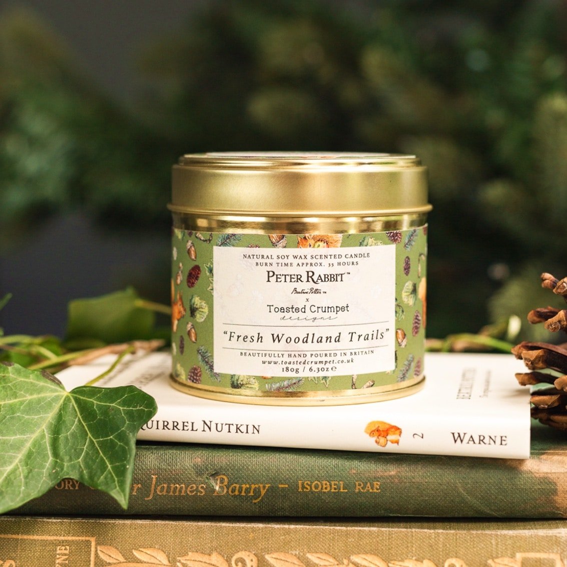 Squirrel Nutkin “Fresh Woodland Trails” Candle in a Matt Gold Tin - RUTHERFORD & Co