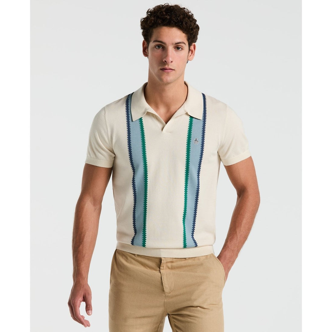 Vertical Stripe Sweater Polo Shirt In Birch - RUTHERFORD & Co