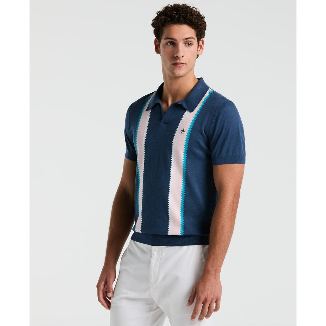 Vertical Stripe Sweater Polo Shirt In Sargasso Sea - RUTHERFORD & Co