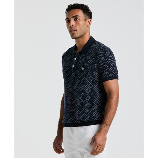 Jaquard Geometric Sweater Polo Shirt In Dark Sapphire