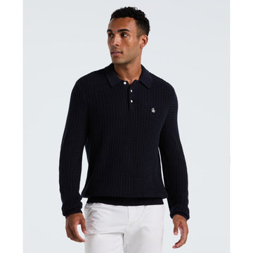 Zigzag Stitch Long Sleeve Sweater Polo In Dark Sapphire - RUTHERFORD & Co
