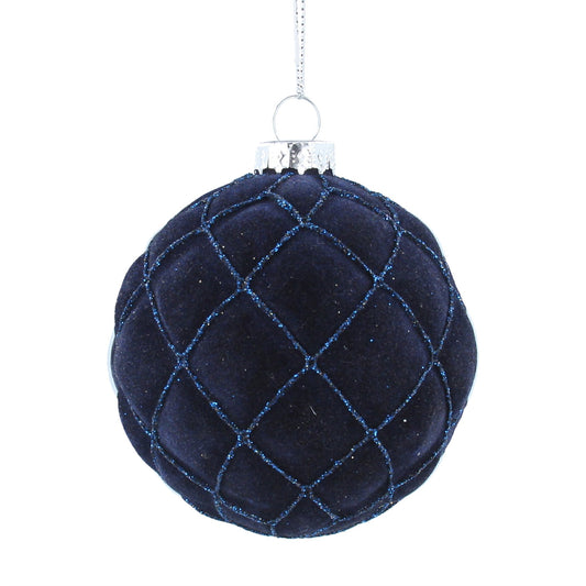 Navy Blue Flock Harlequin Glass Bauble (8cm)