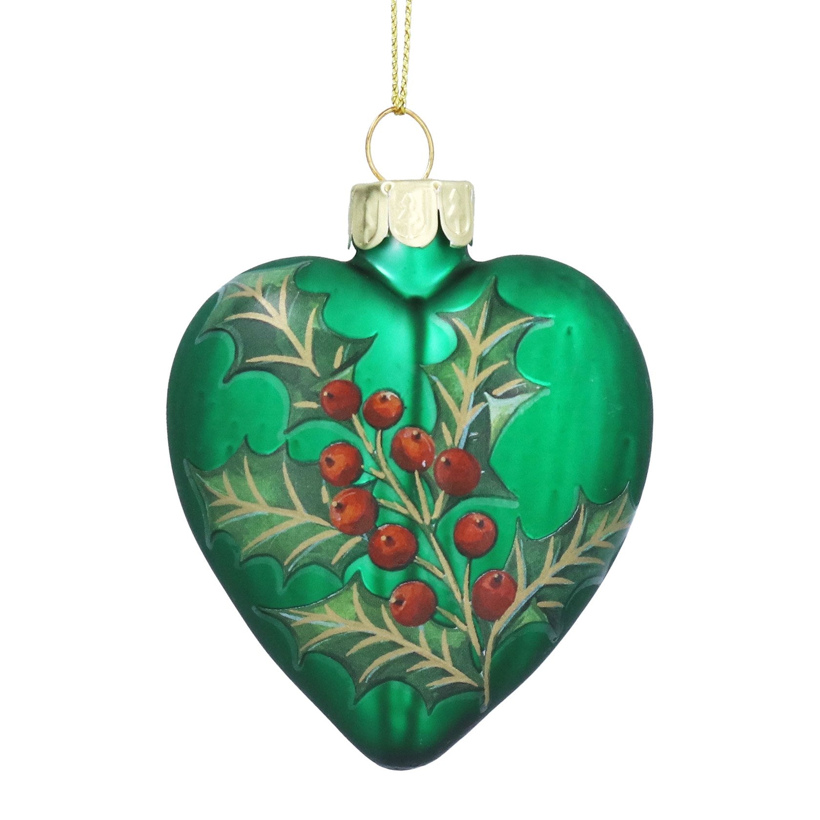 Matt Forest Green w Holly & Berries Glass Heart