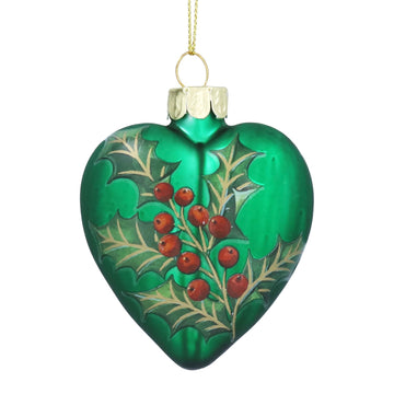 Matt Forest Green w Holly & Berries Glass Heart