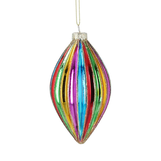 Rainbow Ribbed Olive Glass Decoration (12cm)