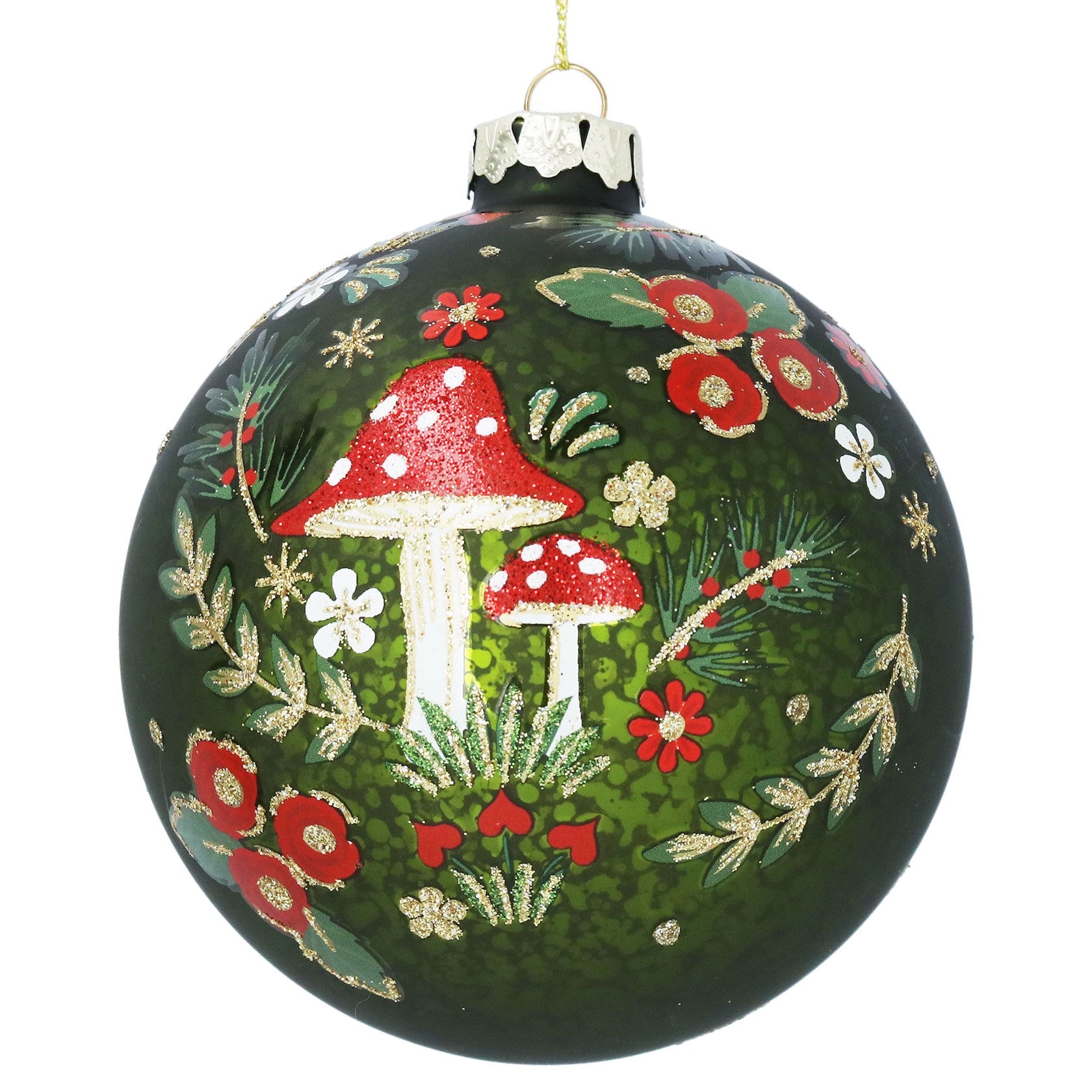 Glass Bauble 10cm – Antique Apple Green w Glittered Mushrooms