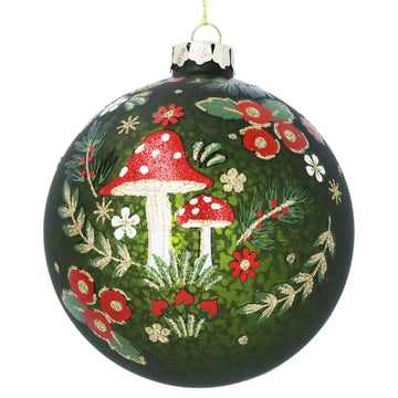 Glass Bauble 10cm – Antique Apple Green w Glittered Mushrooms