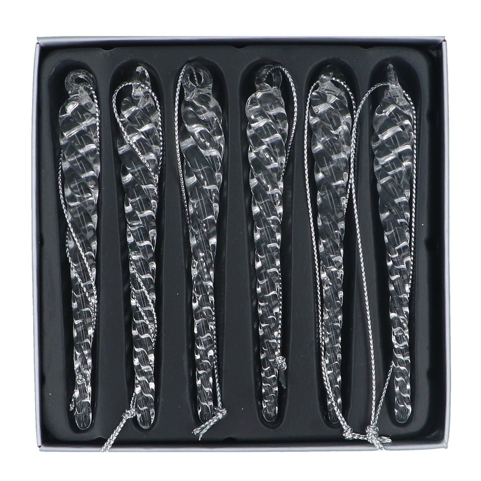 Box/6 Glass Hanging Dec 12cm – Clear Twist Icicles