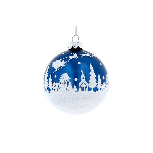 Matt Blue with White Snow scene Glass Bauble (8cm)