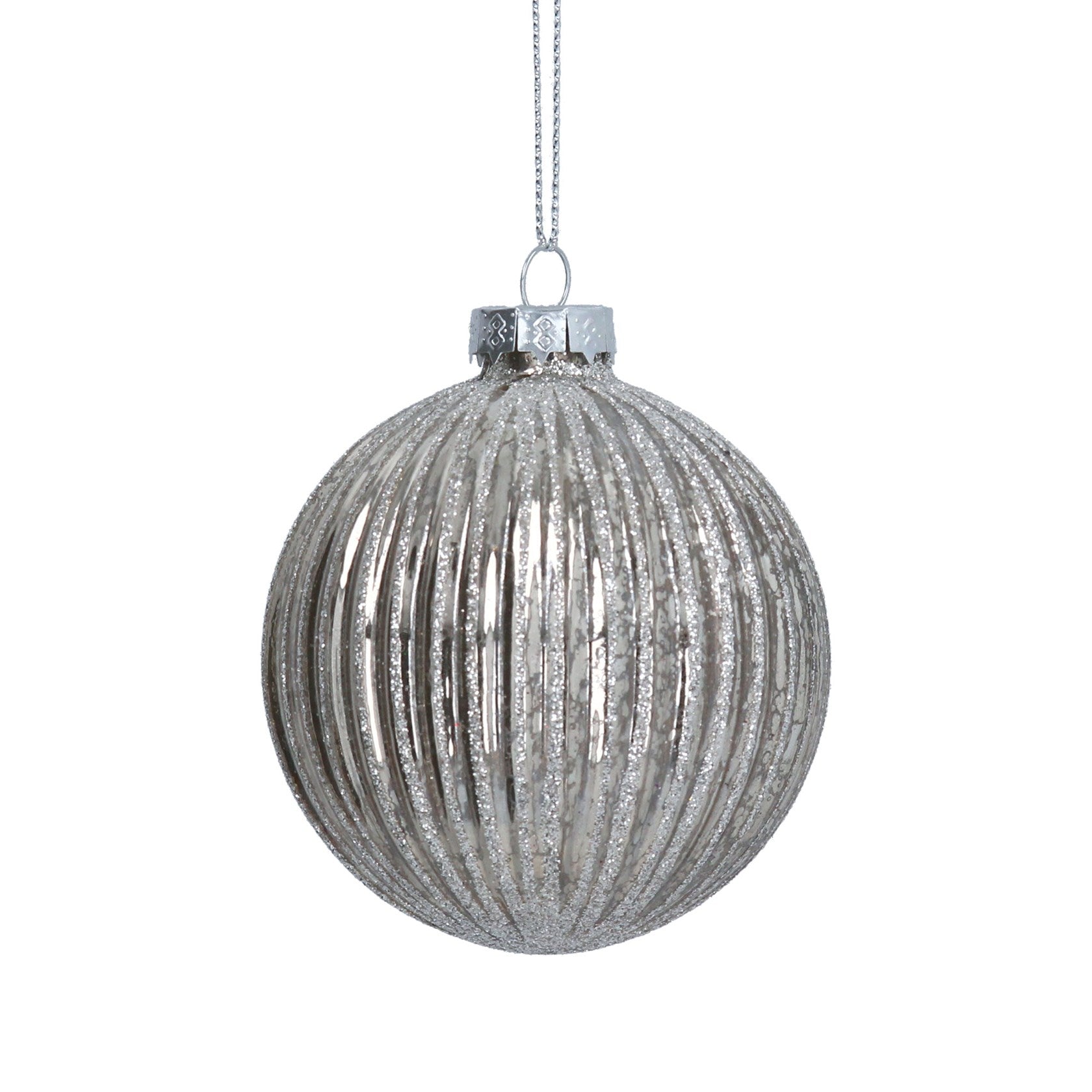 Shiny Silver Ribbed Glass Ball