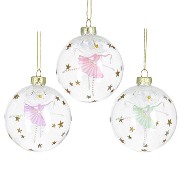 Clear with Ballerina Mice Glass Bauble (8cm)