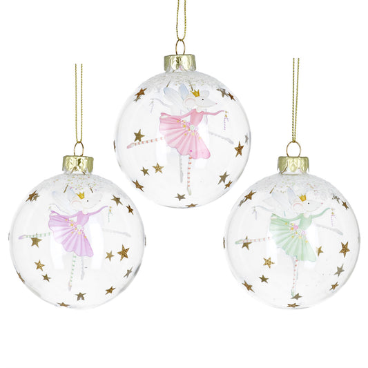 Clear with Ballerina Mice Glass Bauble (8cm)