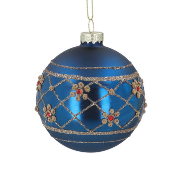 Matt Shiny Blue with Jewel Flower Band Glass Bauble (8cm)