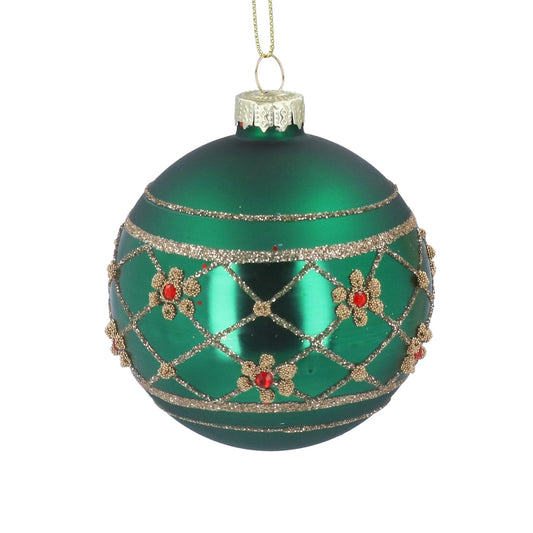 Matt Shiny Green with Jewel Flower Band Glass Bauble (8cm)