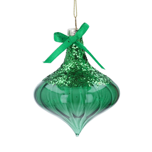 Clear Sparkling Green Ogee Glass Decoration (11cm)