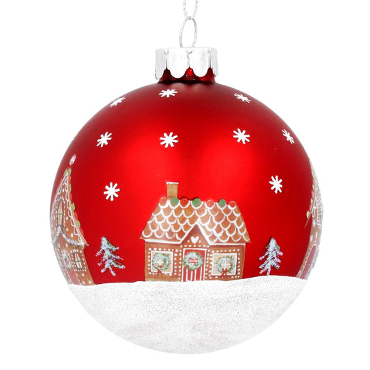 Matt Red with Gingerbread House Glass Bauble (8cm)