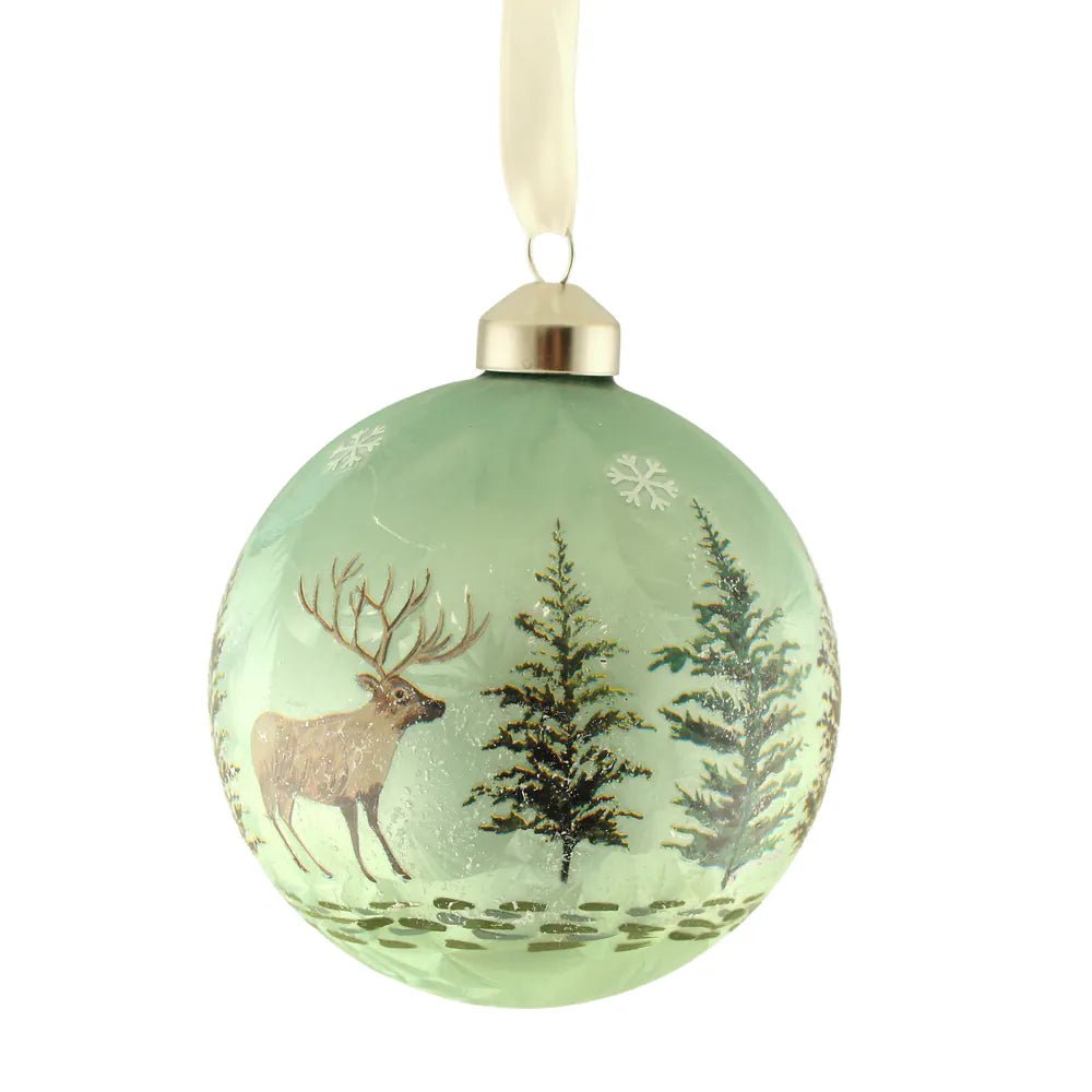 10cm Glass Forest Deer Scene Bauble - RUTHERFORD & Co