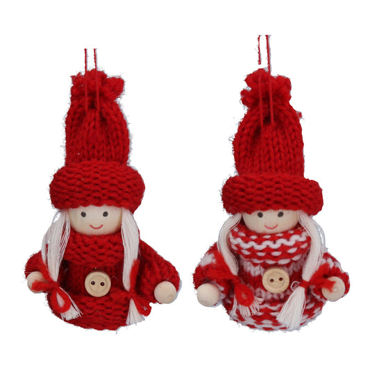 Knitted Red Scandi Girl - Single Decoration