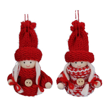 Knitted Red Scandi Girl Polyester Decoration (8cm)