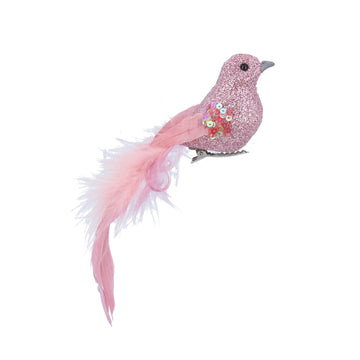 Pink Sparkle/Feather Bird Polystyrene Clip on Decoration (14cm)