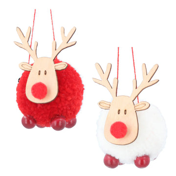 Red/White Deer with Wood Head Wool Decoration (6cm)