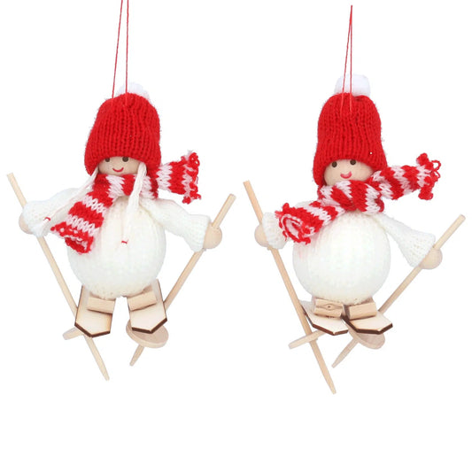 Red/White Knitted Boy/Girl on Skis Fabric Decoration (12cm)