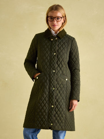 Rosewell Khaki Green Showerproof Longline Diamond Quilted Coat