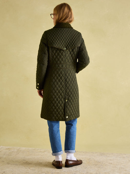 Rosewell Khaki Green Showerproof Longline Diamond Quilted Coat