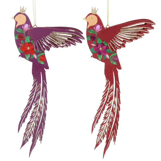 Red/Purple Magnolia Flying Bird Wood Decoration (23cm)