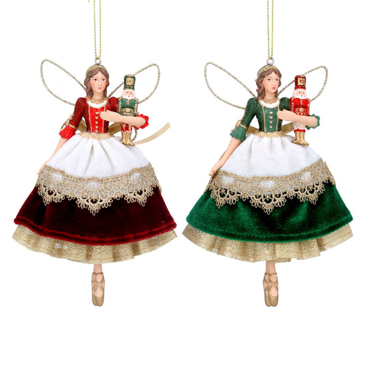 Red/Green Velvet/Gold Lace Fairy with Nutcracker Resin Decoration (14cm)