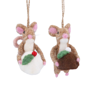 Brown Mouse with Puddings Wool Decoration (9cm)