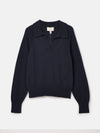 Mia Navy Pointelle Jumper with Open Collar