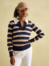 Maddie Navy/Oatmeal V Neck Stripe Jumper with Collar