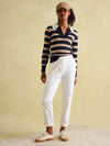 Maddie Navy/Oatmeal V Neck Stripe Jumper with Collar