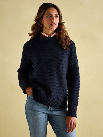 Bernie Navy Crew Neck Textured Jumper