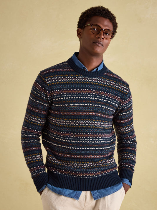 Fair Isle Navy Crew Neck Jumper Contains Merino Wool