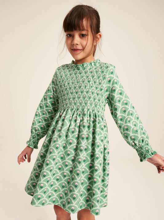 Gracie Green Cotton Shirred Floral Dress