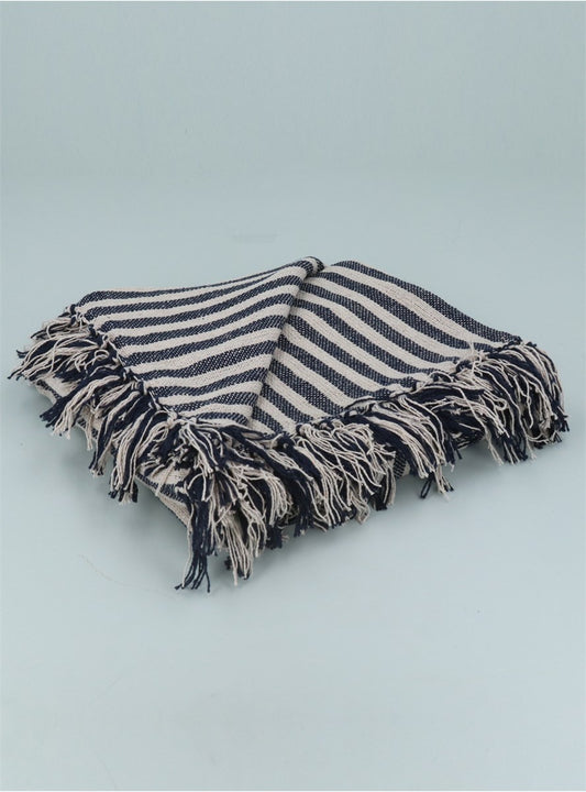 Cotton Throw - 150cm Navy Woven Stripe