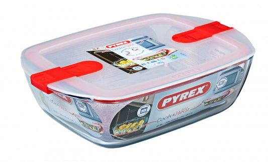 Pyrex Cook & Heat Rectangular Glass Food Container with Patented Microwave Safe Lid, 23x15x6cm