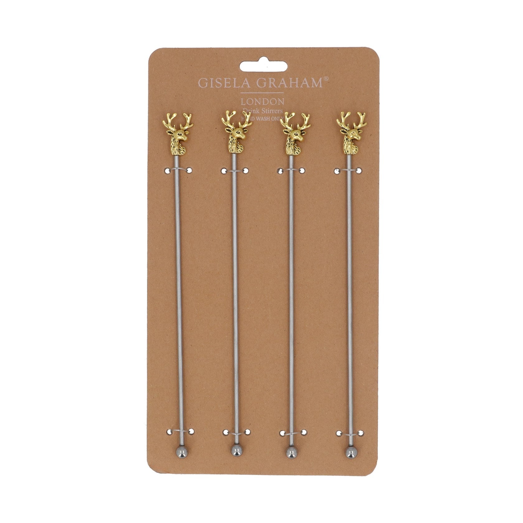 Pack/4 Metal Cocktail Stirrers 25cm – Gold Stag Head