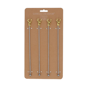 Pack/4 Metal Cocktail Stirrers 25cm – Gold Stag Head