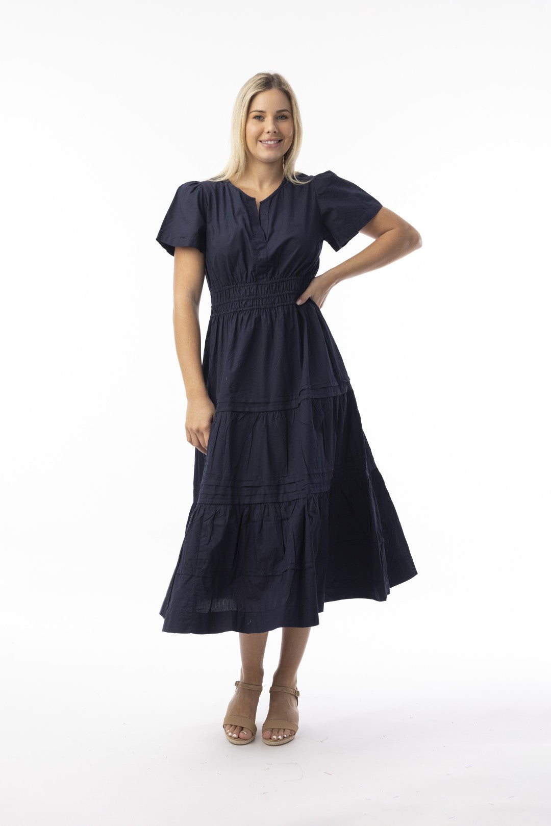 Poplin Essentials Ruched Maxi Dress Navy