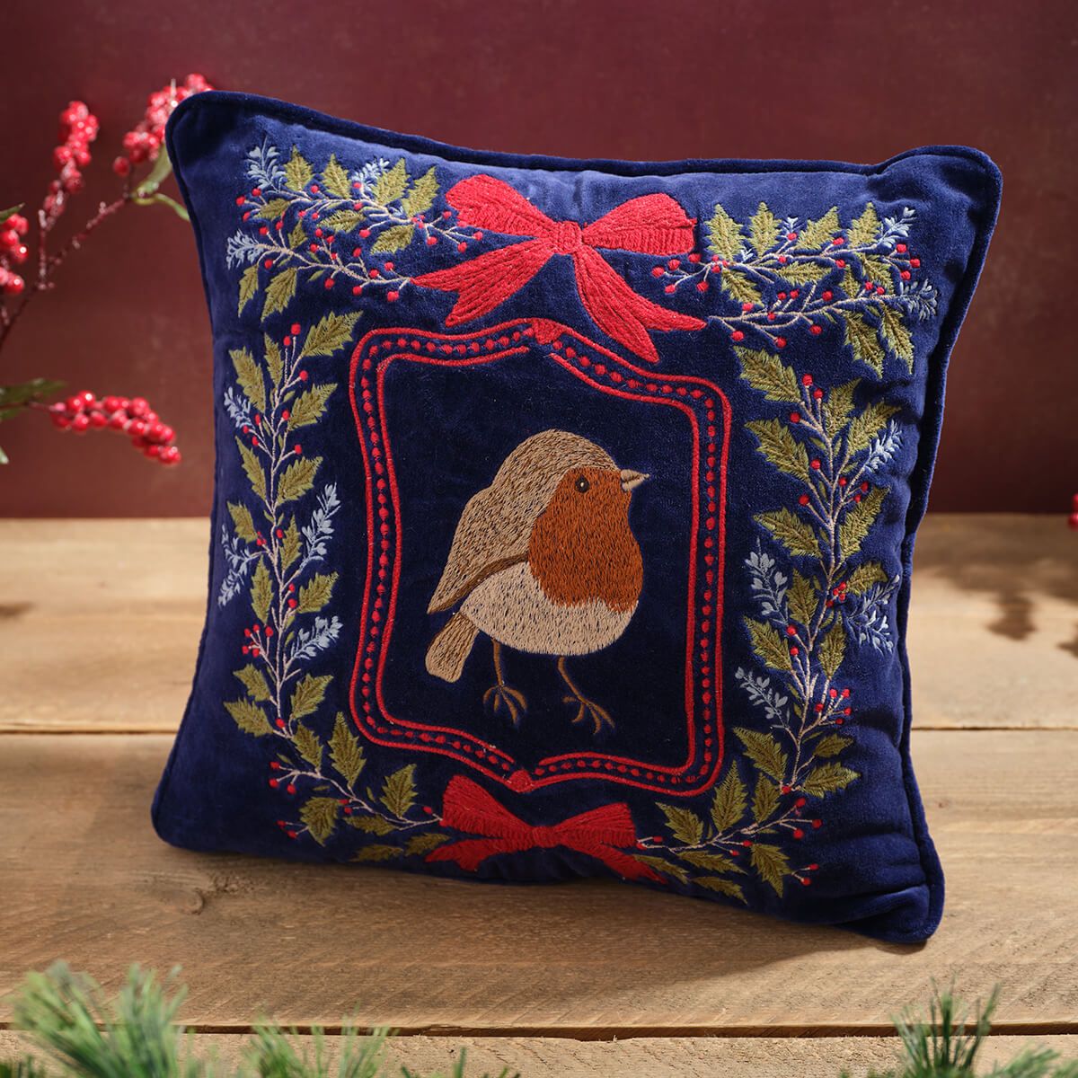 Christmas Robin Navy Embroidered Cotton Velvet Cushion