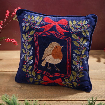 Christmas Robin Navy Embroidered Cotton Velvet Cushion
