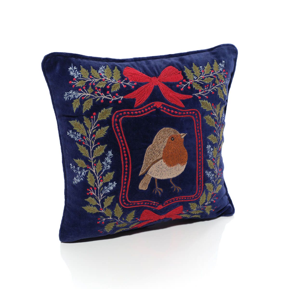 Christmas Robin Navy Embroidered Cotton Velvet Cushion