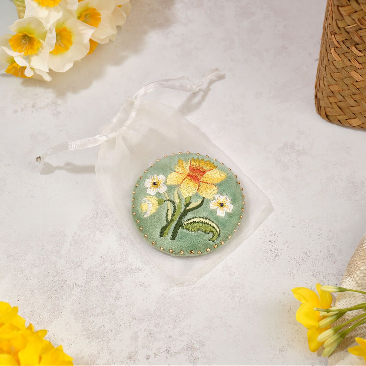 Floral Serenade Embroidery Daffodil and Glass Beads Round Pocket Mirror with Voile Pouch