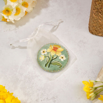 Floral Serenade Embroidery Daffodil and Glass Beads Round Pocket Mirror with Voile Pouch