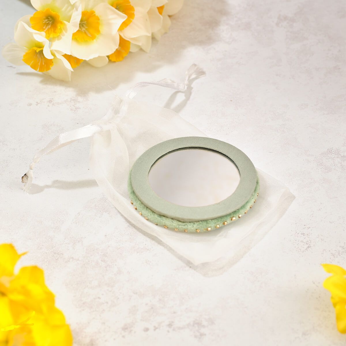 Floral Serenade Embroidery Daffodil and Glass Beads Round Pocket Mirror with Voile Pouch