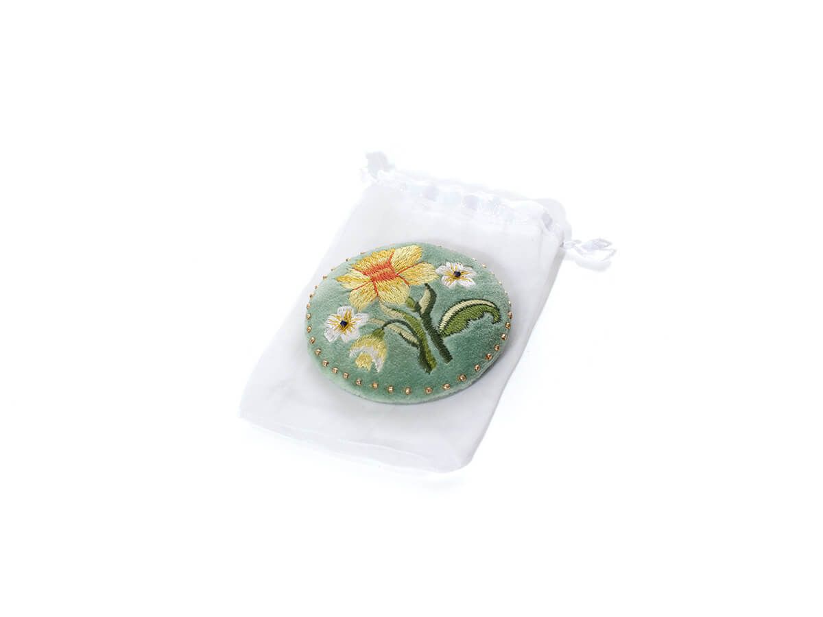 Floral Serenade Embroidery Daffodil and Glass Beads Round Pocket Mirror with Voile Pouch